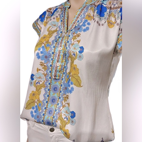 Hale Bob Cap Short Sleeve Floral half Button Shirt Top Blouse S - Picture 3 of 11